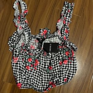 NWT Black and White Gingham Plaid Floral Tank Top Forever 21 Medium